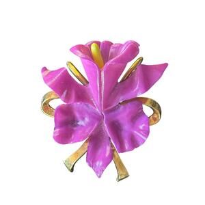 Vintage Gold Tone & Fuchsia Pink Colored Orchid Flower Brooch Pin